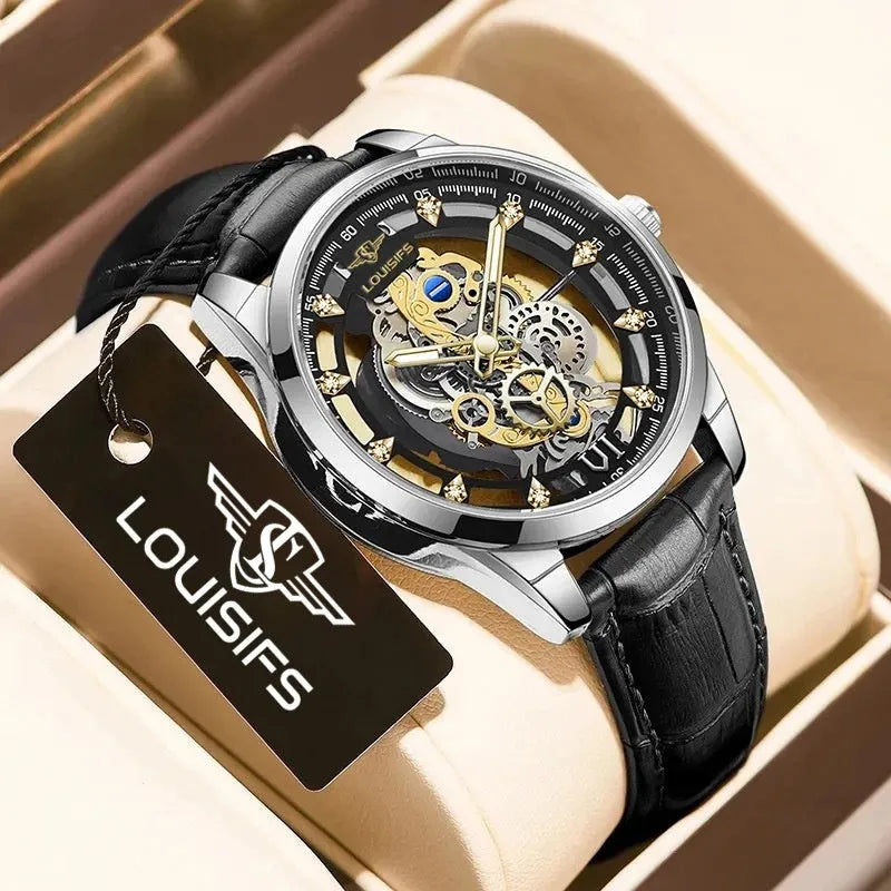 Swiss quartz men's business watch with hollow case in gold or silver with brown or black strap