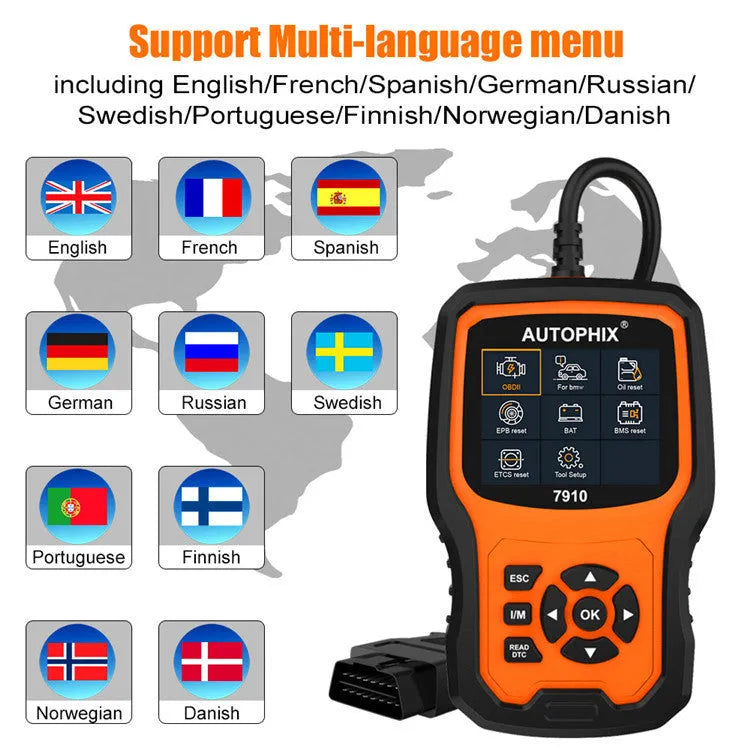 Autophix 7910 OBD2 diagnostic scanner for BMW Mini Rolls Royce vehicles on a workshop bench.