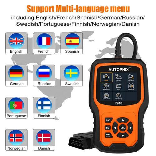 Autophix 7910 OBD2 diagnostic scanner for BMW Mini Rolls Royce vehicles on a workshop bench.