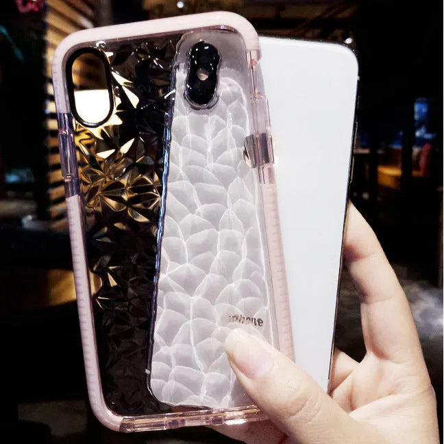 TPU iPhone back cover case with striped pattern shown in pink with white edge colour.