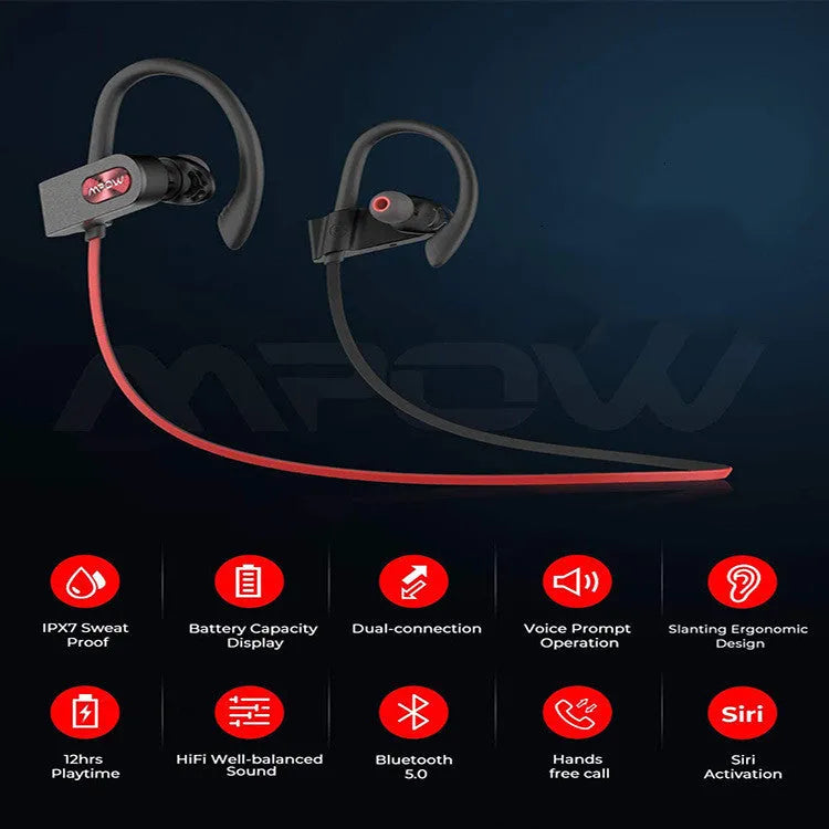 Red hanging ear Bluetooth headset showing earpiece design with wireless connectivity