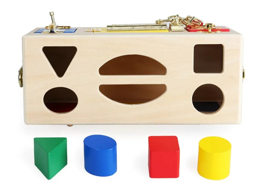 Wooden educational shape lock box toy with 12 wooden shapes for preschool children.