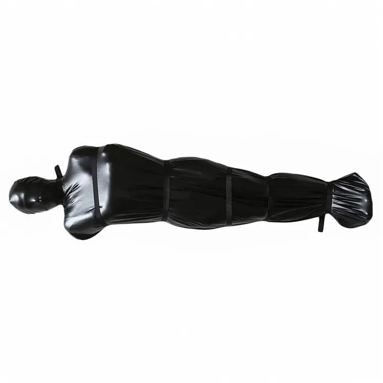 Black patent leather bondage suit with six ratchet tie down pieces for full body restraint