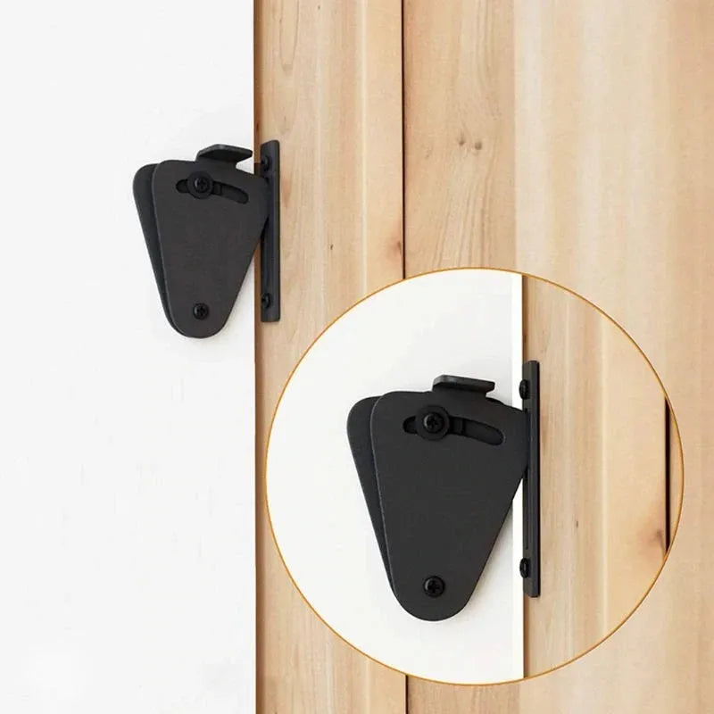 Black stainless steel sliding barn door lock showing two size options for different gap measurements