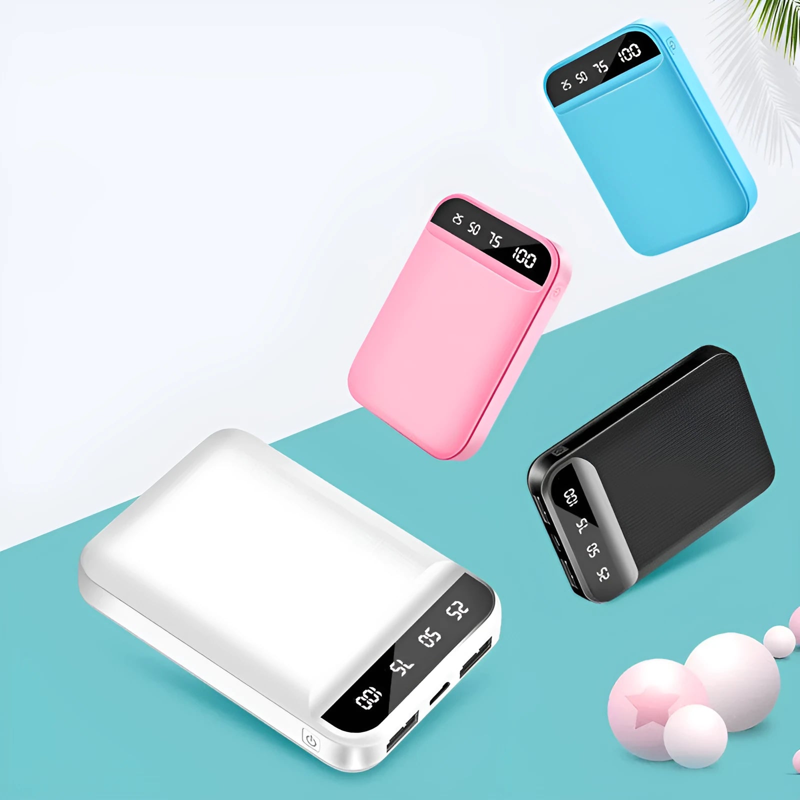 Portable power bank in choice of colours with multi-USB ports and polymer lithium battery.