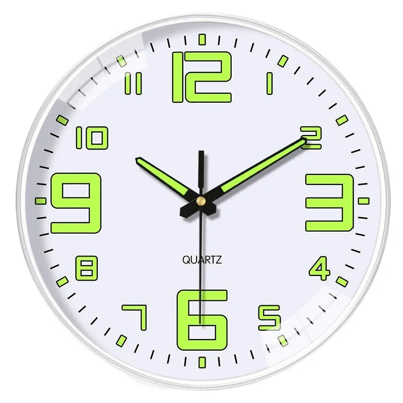 8 inch round luminous wall clock with modern plastic shell on a wall
