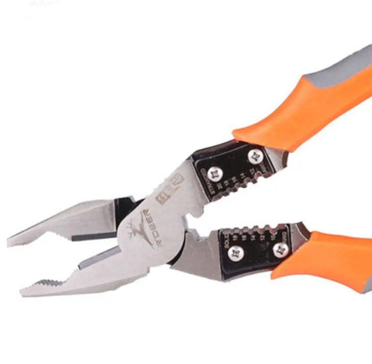 Orange handled multi-function wire cutter pliers with chrome steel jaws on a workbench.