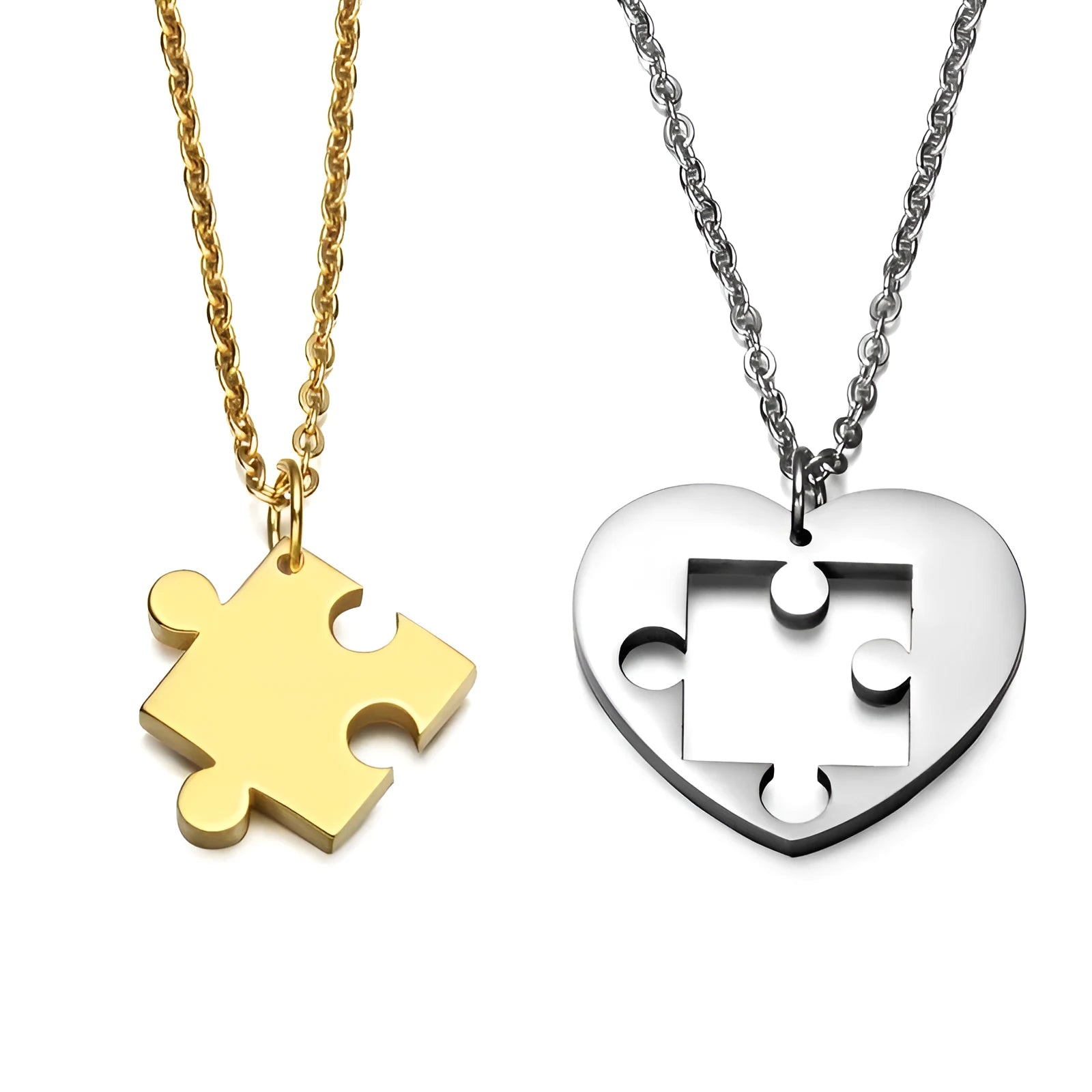 Glossy stainless steel love puzzle couple pendant in silver finish, heart shape 52mm long