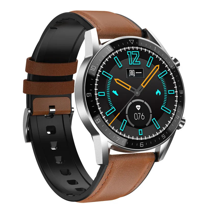 Multifunctional sports watch with black genuine leather strap and 1.3 inch touchscreen displaying step count