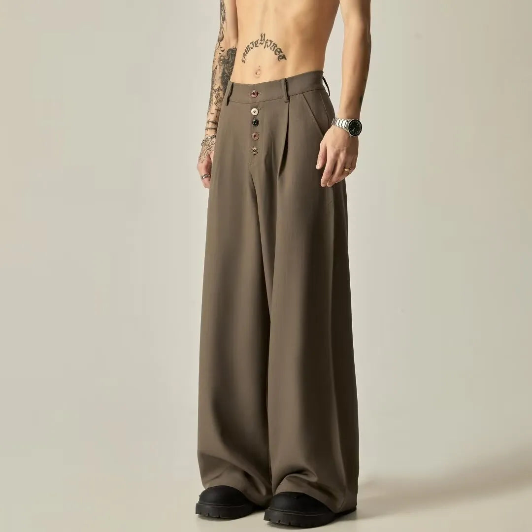 Men's black straight-leg casual trousers with elasticated waistband and polyester cotton blend fabric