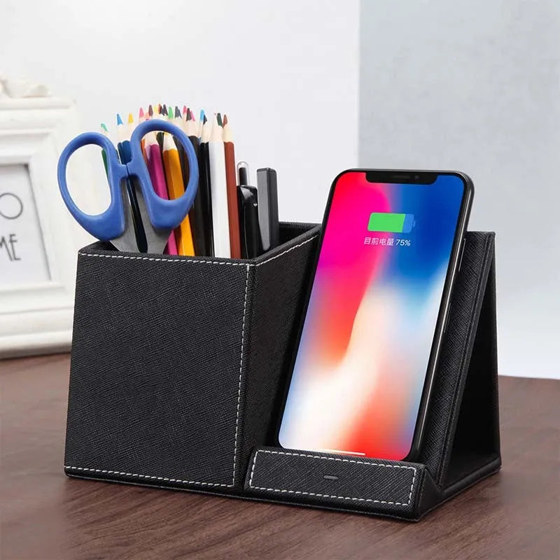 Leather wireless charging station with pen holder organiser for desk phone charging