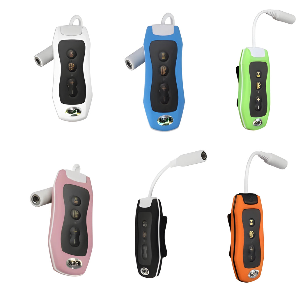 Compact black Bluetooth MP3 player with attached earphones, shown next to a USB cable.