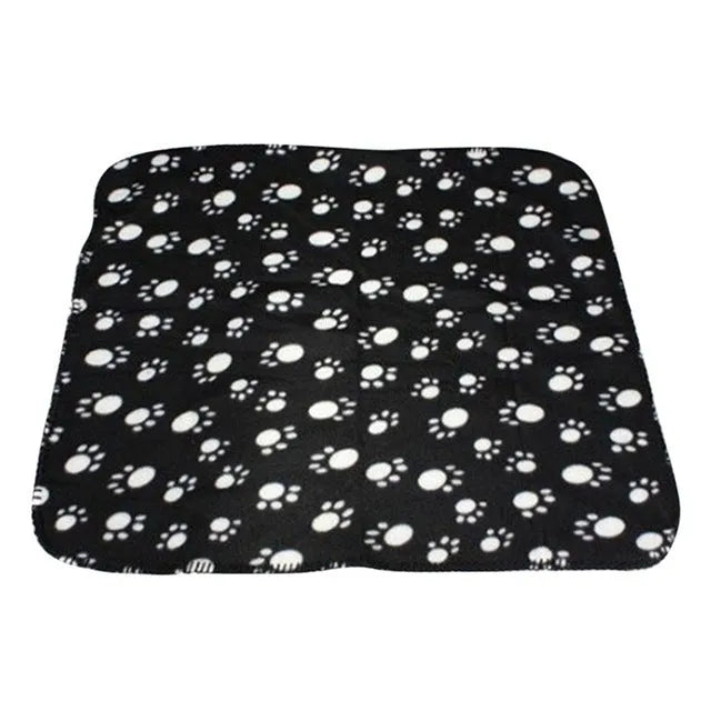 Double sided velvet pet fleece blanket in khaki with black paw print design, size S 60x70cm