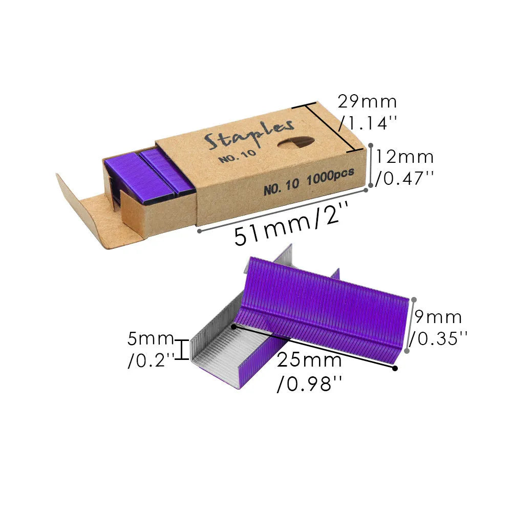 Box of 1000 metal office staples in rose gold, black, purple, and rose red colour options