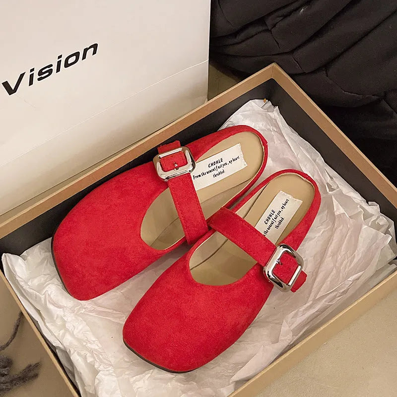 Women's flat closed toe half slippers with square toe in apricot, blue, red, and yellow colours.