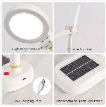 Ivory white solar-powered table fan with integrated LED study lamp on a desk