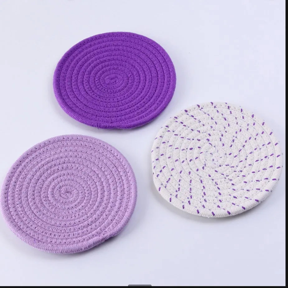 Cotton cord round coaster and placemat three-piece set in modern simple style with 18cm diameter
