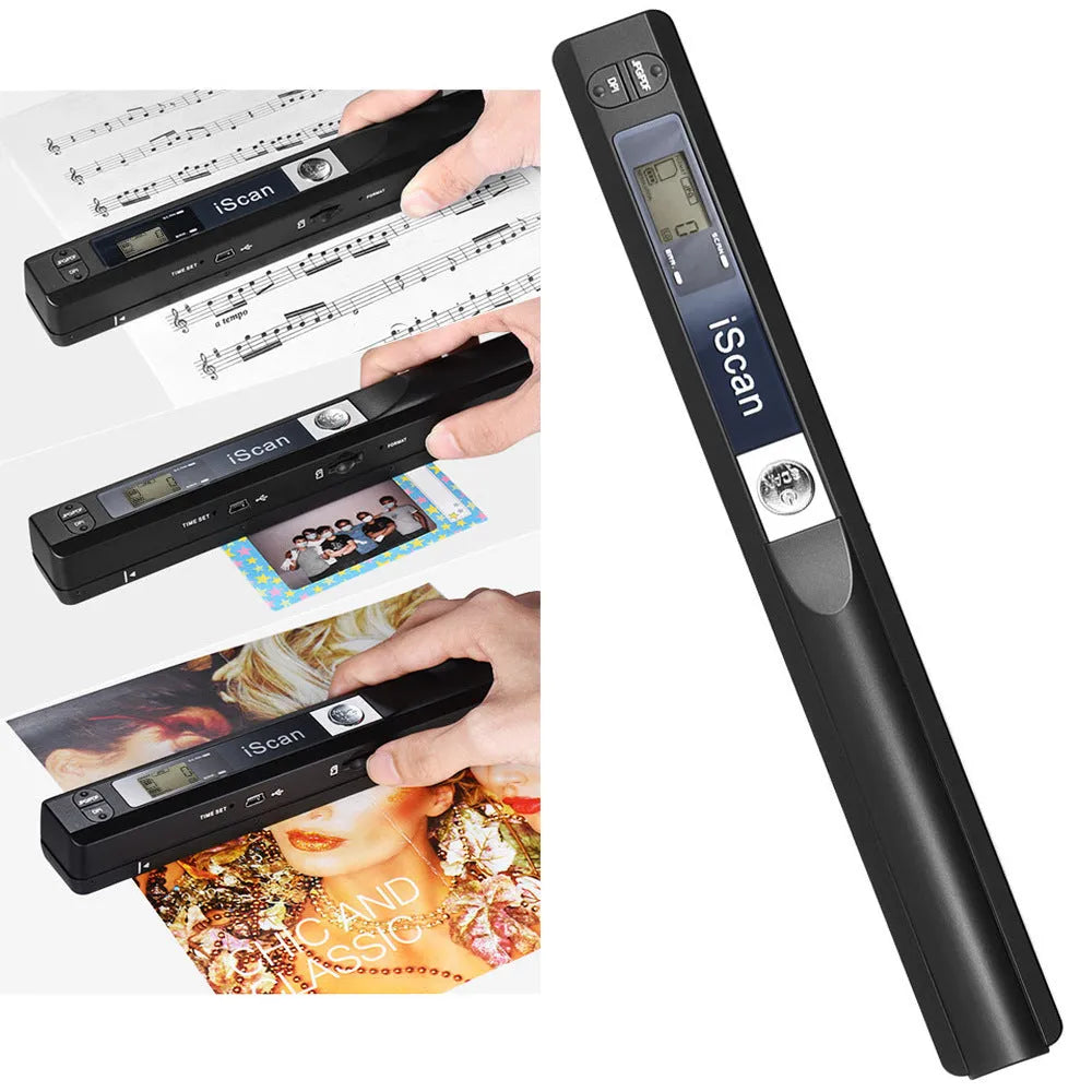 Handheld USB barcode scanner with plastic housing in five colour options on a desk