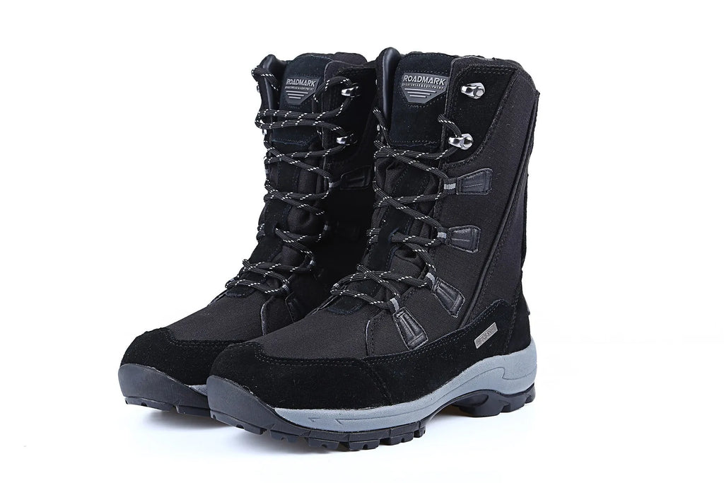 Women's mid-calf thermal snow boots in genuine leather with round toe and rubber sole
