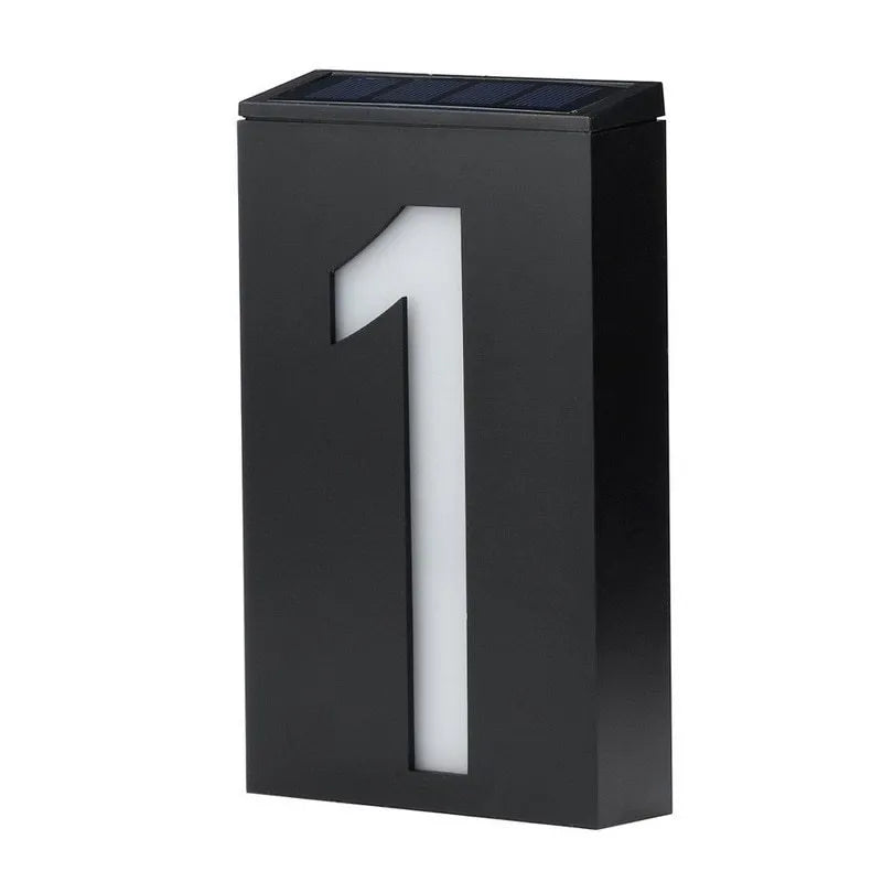 Solar powered house number light with LED illumination and waterproof housing for outdoor installation