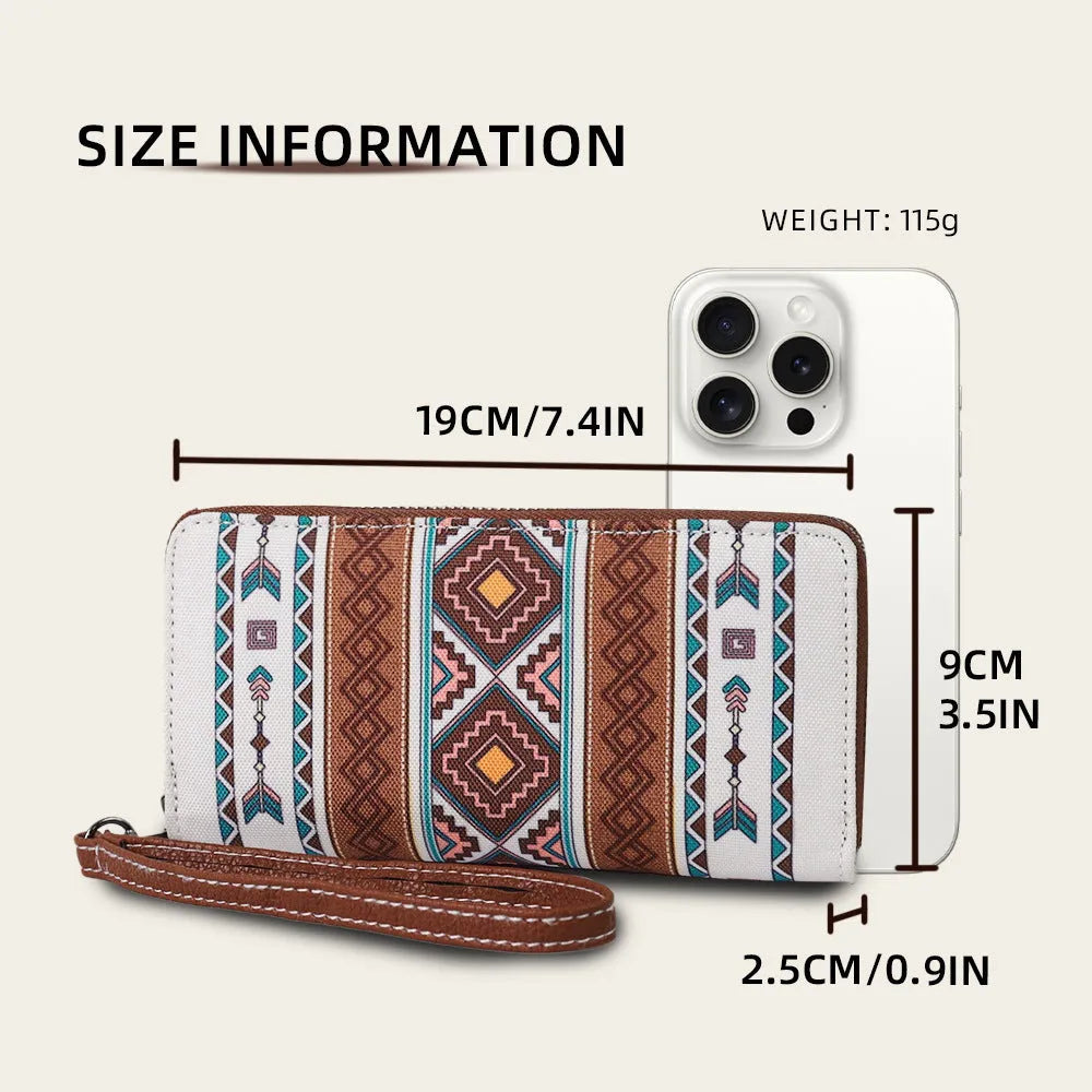 Bohemian stripe pattern RFID wallet with canvas construction showing interior polyester lining