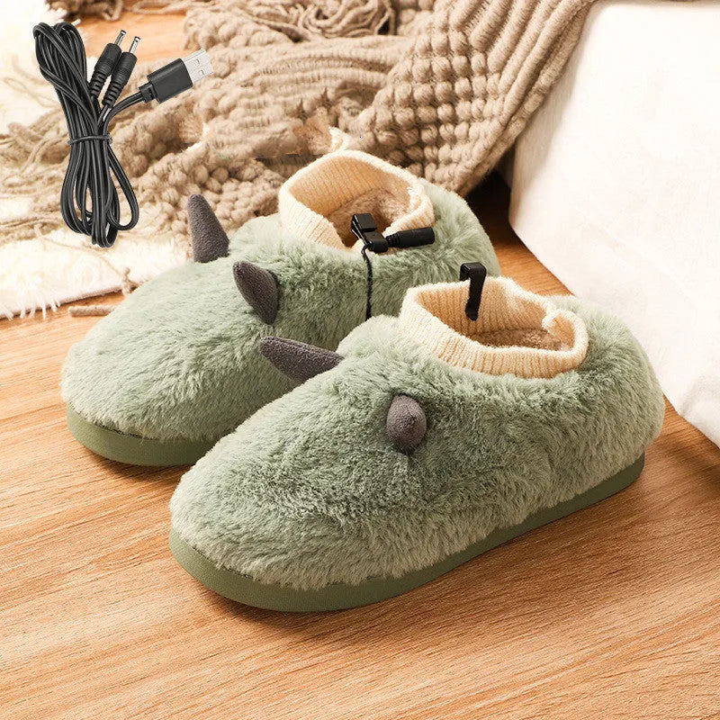 USB electric foot warmer slippers in black, grey, matcha green, and taro colours with soft velvet upper.