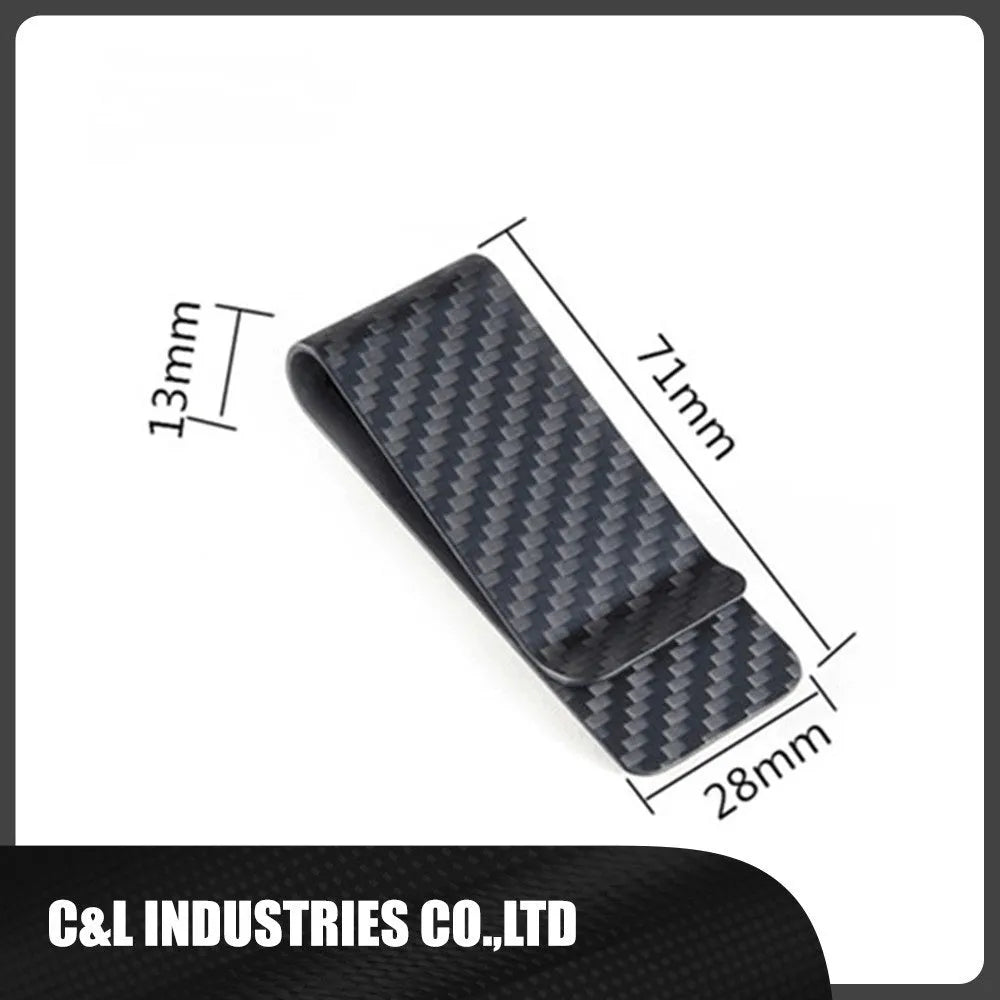 Black genuine carbon fiber money clip with striped glossy surface on a plain background