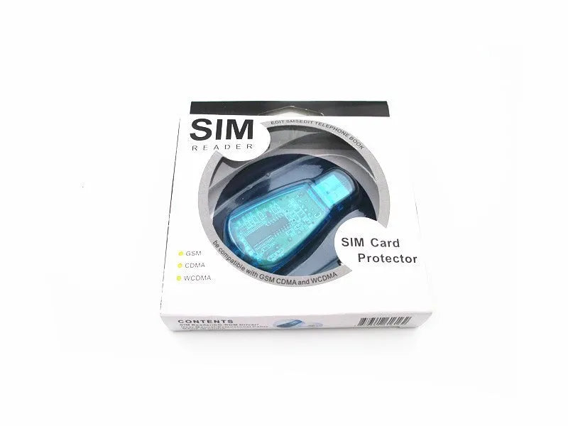 Blue external USB 2.0 SIM card reader for mobile phone data backup and transfer on a desk