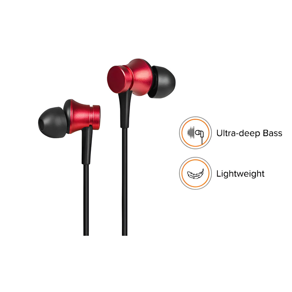 Piston wired in-ear headphones with 3.5mm connector in black, blue, or red colours