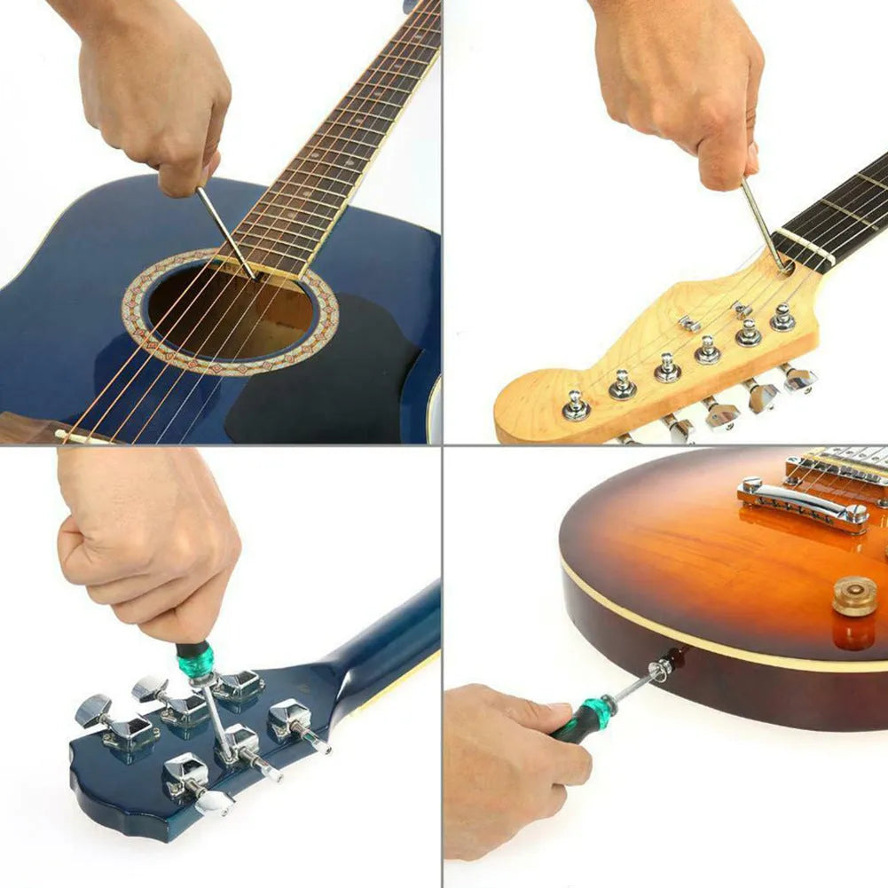 Black plastic guitar repair tool kit case with metal maintenance tools for string instruments