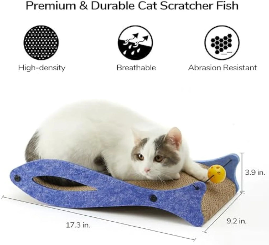 Blue fish-shaped cardboard cat scratcher lounge with bell ball toy for indoor cats