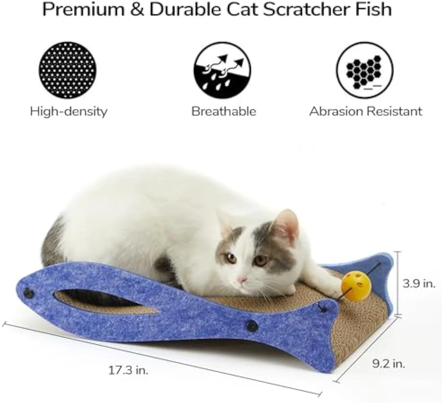 Blue fish-shaped cardboard cat scratcher lounge with bell ball toy for indoor cats