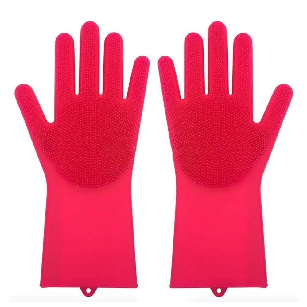 Silicone cleaning gloves with textured scrubbing surface in assorted colours