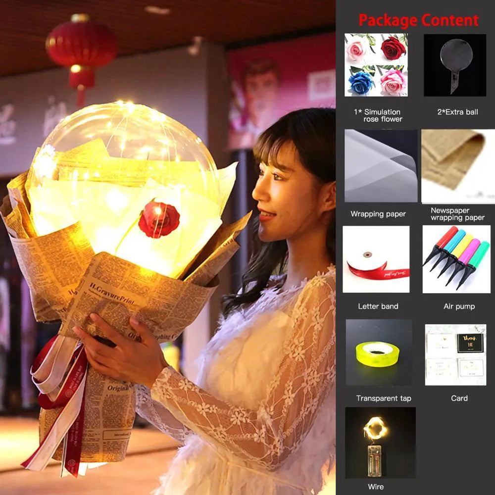 Transparent LED luminous DIY balloon rose bouquet with integrated lights for decoration.