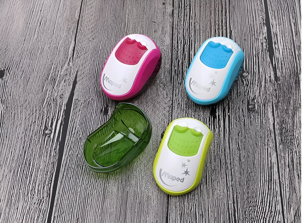 Single hole pencil sharpener with double hole capacity for standard and thick pencils random colour