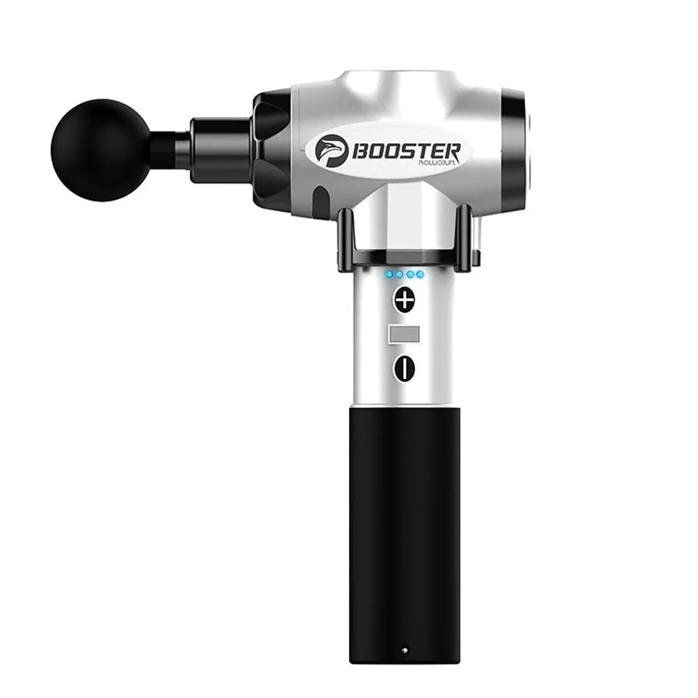 Black and white handheld percussion massage gun with 12mm stroke depth.