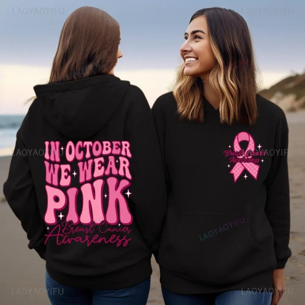 Breast cancer awareness pullover hoodie with retro hot stamping art design and a side seam pocket.