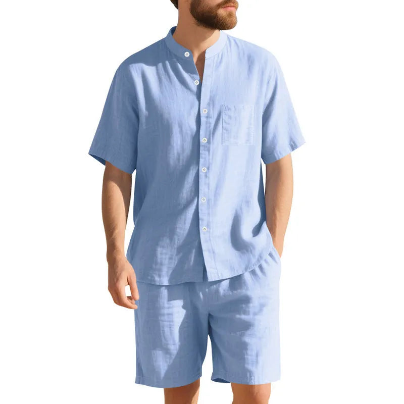 Men's light blue linen-blend summer suit with short sleeve shirt jacket and matching shorts on a hanger.