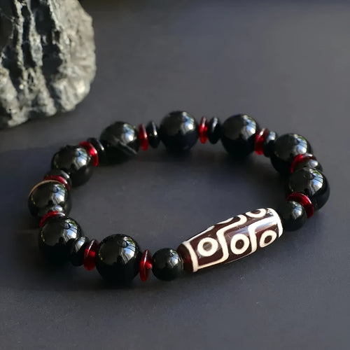 Black agate Dzi bead bracelet with hand-woven treatment and geometric national style design