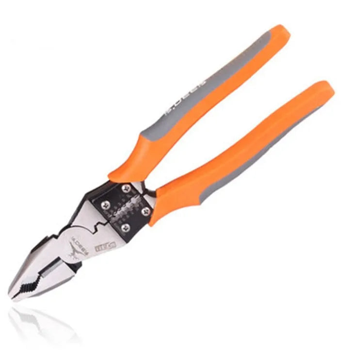 Orange handled multi-function wire cutter pliers with chrome steel jaws on a workbench.