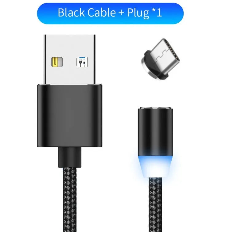 1 metre cotton braided magnetic charging cable with LED light and aluminium connectors