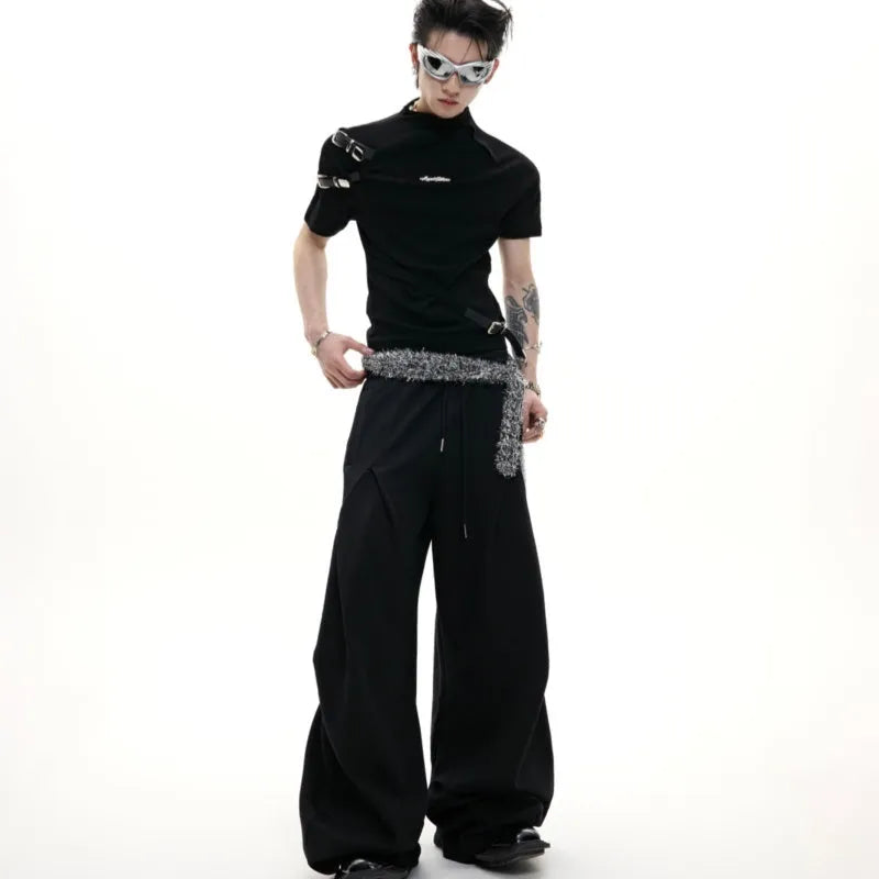 Men's black cotton short sleeve shirt with metal belt design detail and stand-up collar