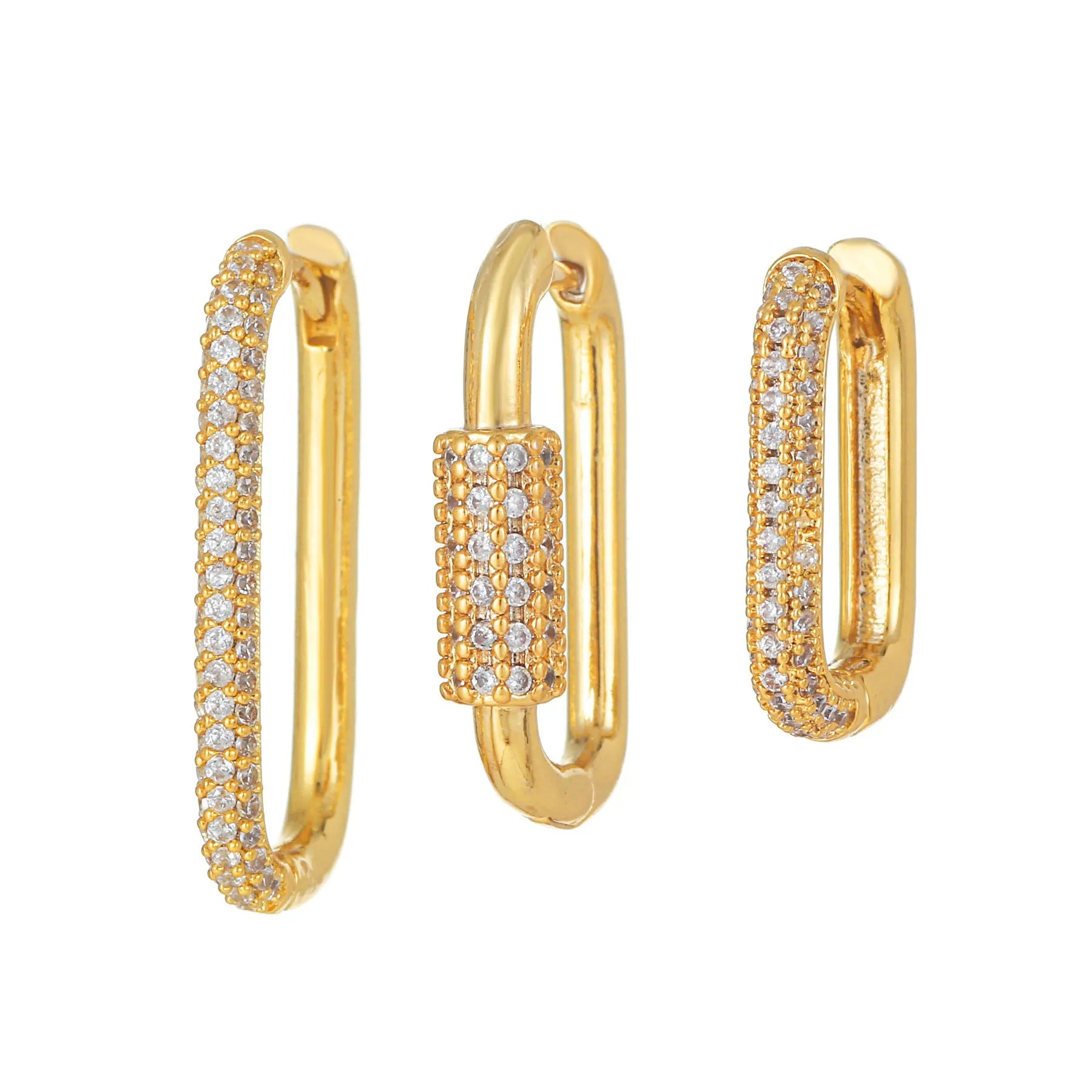 Copper geometric earring set with three square ear clips featuring inlaid zircon stones