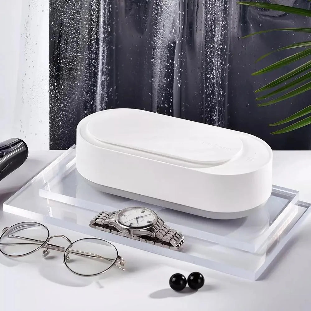 White portable ultrasonic cleaner with stainless steel tank for jewellery glasses watch cleaning
