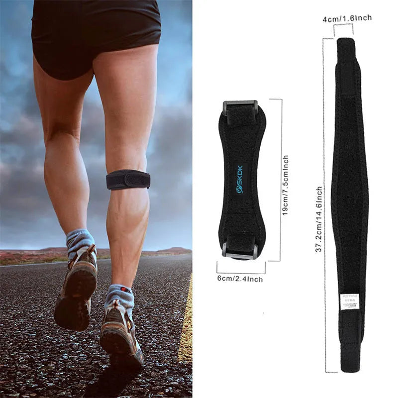 Black sport kneecap with silicone gasket and double-pressure strap for running and hiking support