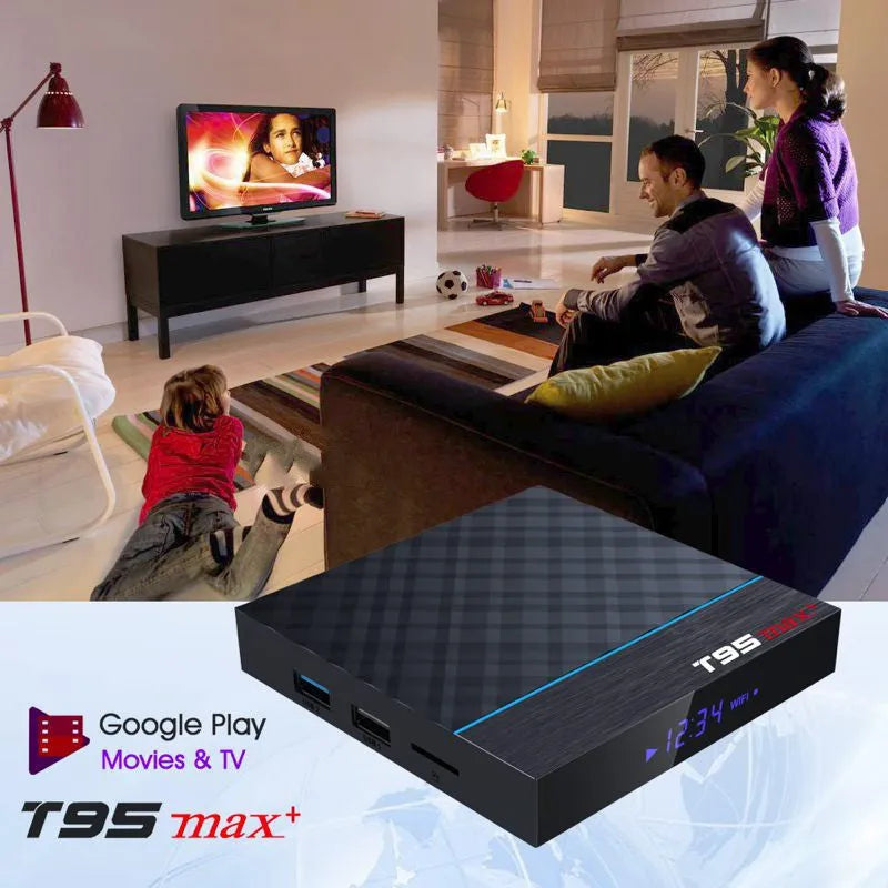 Black T95 Max Plus Android TV box with Amlogic S905X3 processor, shown with optional US, EU and UK power plugs.