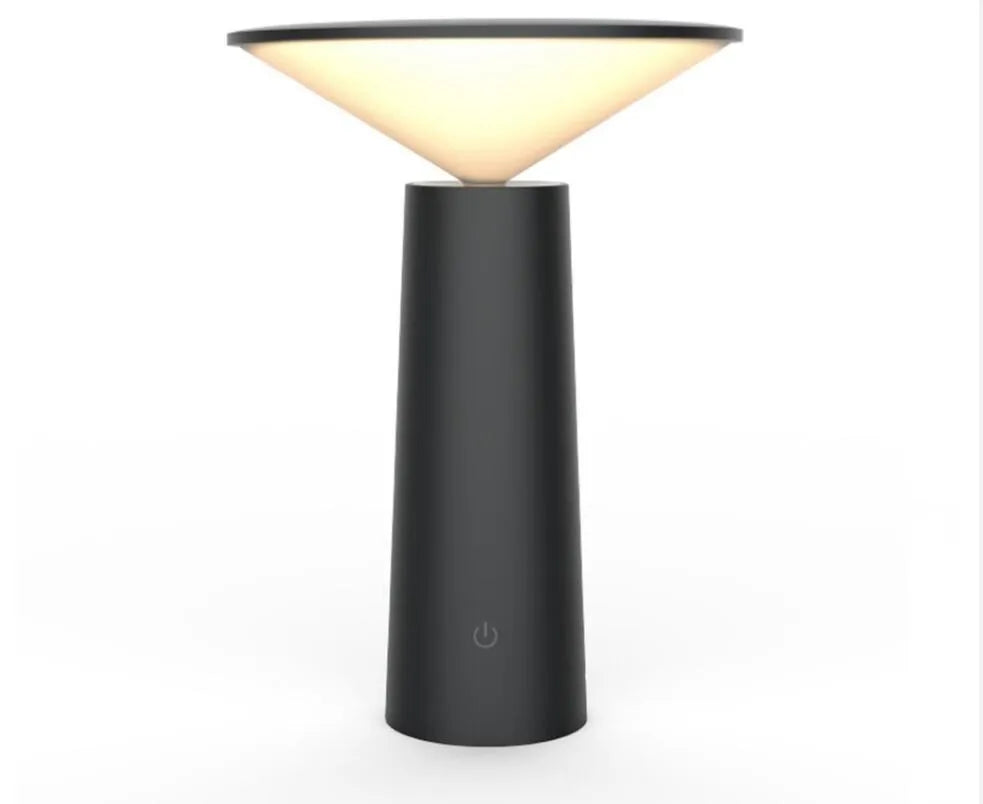 Black and white USB rechargeable LED desk lamp with a touch sensor and adjustable lamp head.