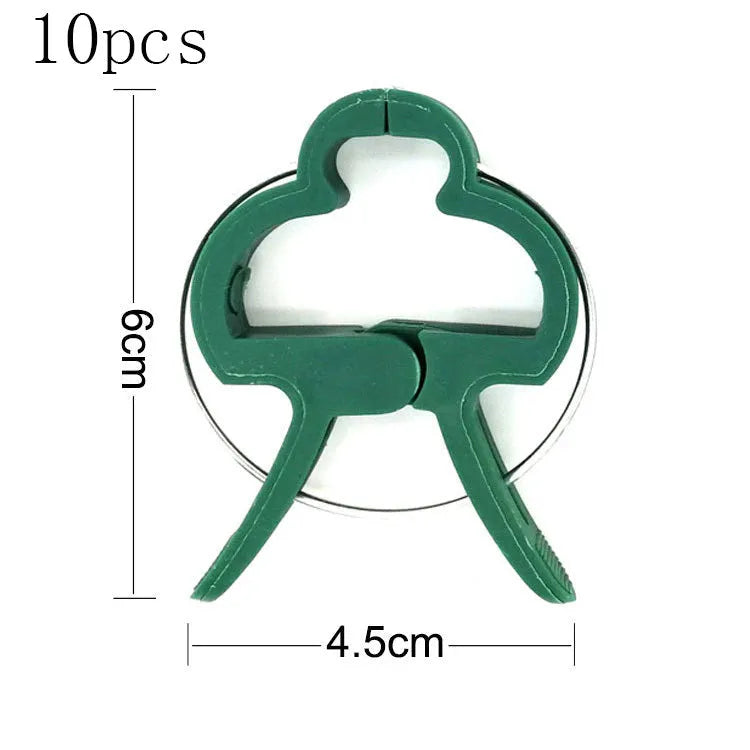 Green plastic and zinc plant fixing clips, large and small sizes, for training climbing vines and tomatoes.