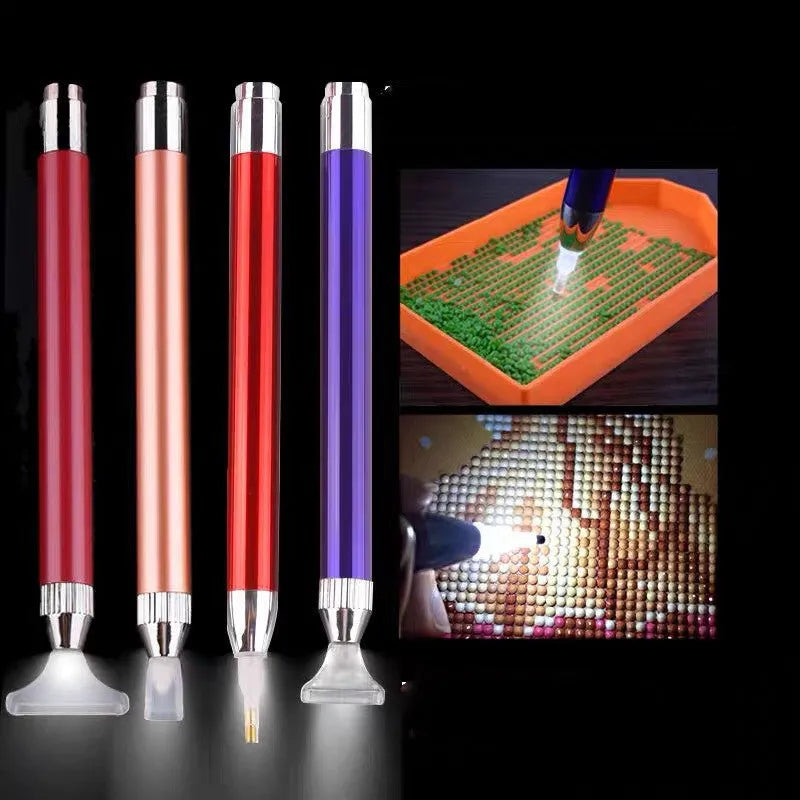 Luminous aluminium alloy drill pen for diamond painting in blue, gold, or red colours
