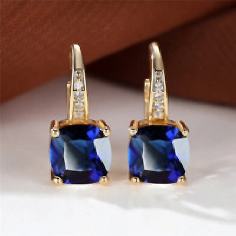 Square geometric ear clip earrings with colourful moissanite inlays and electroplated gold finish
